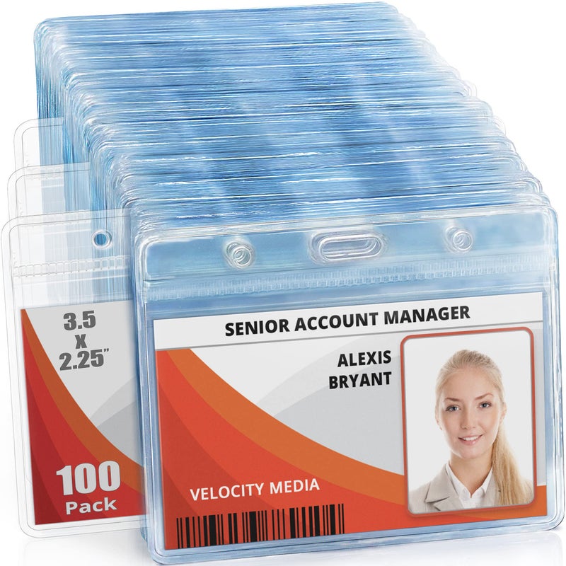 Mifflin-USA Horizontal Zipperless ID Badge Holder (Clear, 3.5x2.25 Inch, 100 Pack), Quick Load Plastic Name Card Pouch in Bulk - Image 1